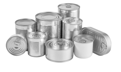 Group of tin cans preserving food for long shelf life