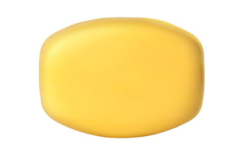 Single oval bar of yellow soap floating on white background
