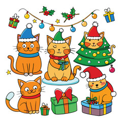 Cartoon Christmas vector illustration set with cute Santa Claus, snowman, reindeer, and holiday gift decorations under a festive tree