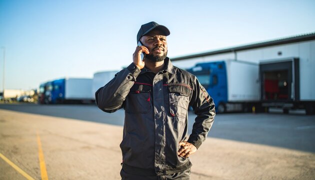 Generated image Black truck driver text messaging on cell phone on parking lot