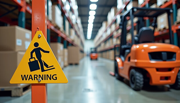 Warehouse accident with forklift near caution sign. Warehouse accident with forklift, danger of fall hazard in storage area.