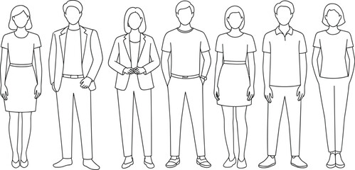 Line drawings of seven figures showcasing clothing styles from formal attire to casual wear, fashion illustration, dress codes, outfit diversity