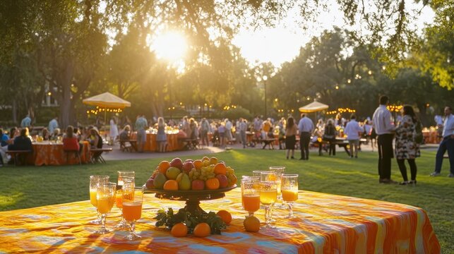 Outdoor Celebration with Fresh Fruits and Orange Juice at Sunset