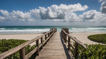 Fototapeta premium A serene wooden boardwalk leads to a tranquil beach, framed by lush greenery and an expansive sky filled with fluffy clouds.