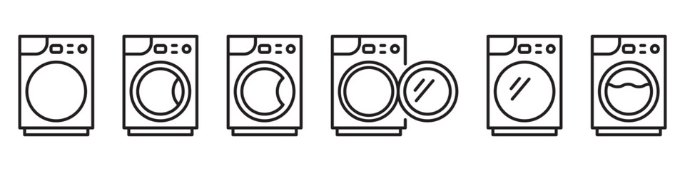 Fototapeta premium Set of washing machine linear icons isolated on transparent background. Washing machine line icon set with open and closed door vector illustration. Editable stroke.