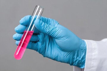 Scientist's hand in blue gloves holding a test tube with pink liquid. Generative Ai