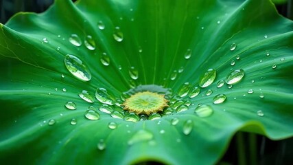 Vibrant green lotus leaf glistens with sparkling dew drops, showcasing natural beauty and tranquility - Powered by Adobe