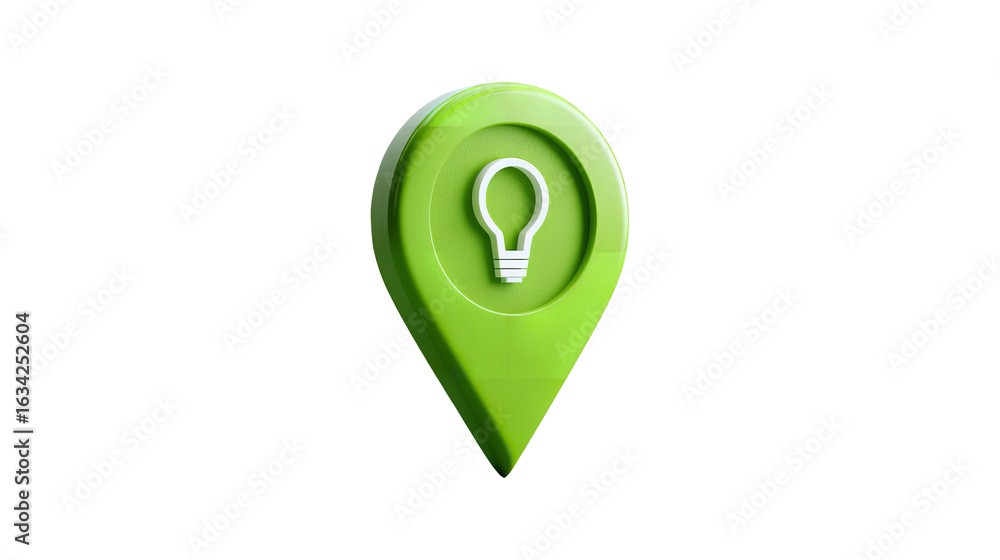 Poster green map pin with idea bulb symbol on transparent background