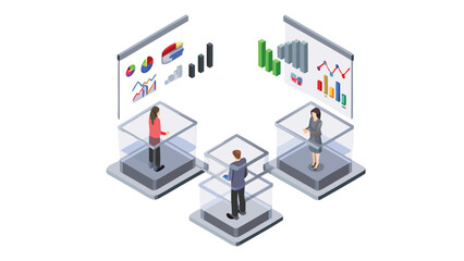 Isometric illustration of three people in glass cubes looking at data visualizations on screens