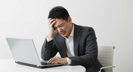 Stressed Businessman with Laptop, Holding Head, White Background.