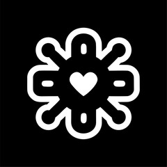 Connected Heart Network Icon with Bold Outline on Black. Stylized heart in the center of a bold network icon with thick white outlines on black background. Symbolizes connection, love, care, 
