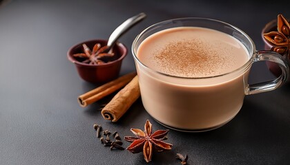masala chai tea is served with cinnamon sticks and star anise on a dark background