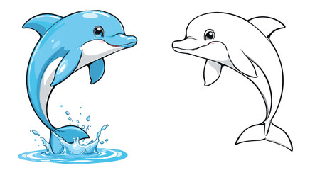 Obraz premium Cartoon Dolphin Pair – Colored and Outline Vector Dolphins Jumping and Swimming on White Background