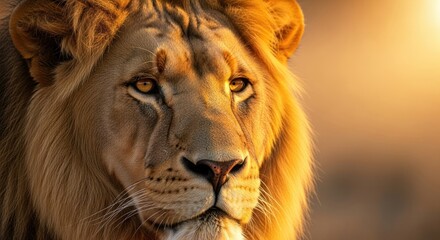 Fototapeta premium Golden King's Gaze: Majestic Lion Portrait in Warm Sunset Radiance
