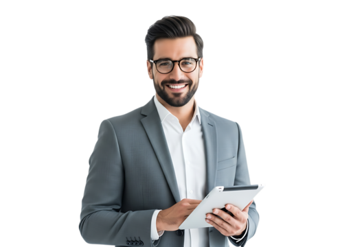 Smiling professional businessman holding a digital tablet in the office looking at the camera with positive attitude isolated on transparent background
