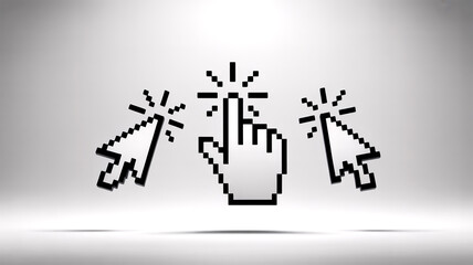 Three pixelated cursors clicking, white background, black squares radiating