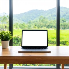 Fototapeta premium Generated image Clean Workspace with Laptop and Potted Plant Near Green Field