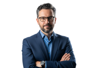 Confident mature businessman with crossed arms looking at camera isolated on transparent background