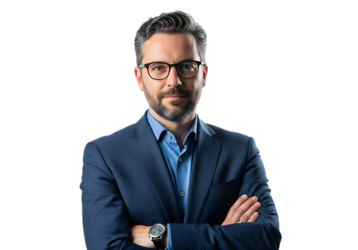 Confident mature businessman with crossed arms looking at camera isolated on transparent background