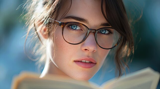 A young woman with glasses reads with quiet focus, her blue eyes scanning the pages as the soft outdoor background fades into blur.
