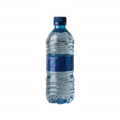 Naklejka premium Clear plastic water bottle with a blue cap and label, isolated on a white background, ideal for advertising and promotional use.
