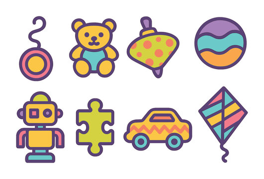 Wacky Pomo Toys Grid. Flat vector mini-illustrations Wacky Pomo toys in colors children's illustrations: