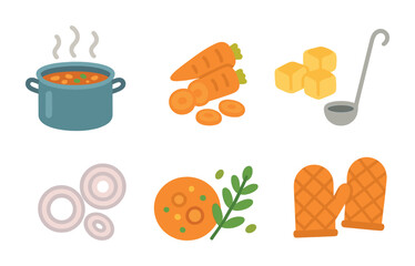 Cozy Stew Icons. Flat vector mini-illustrations Cooking a large pot of homemade stew for a cold day in colors