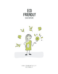 Vector cartoon sketch of Volunteers work to create green ideas  for green energy projects. Alternative energy and natural resource conservation.	