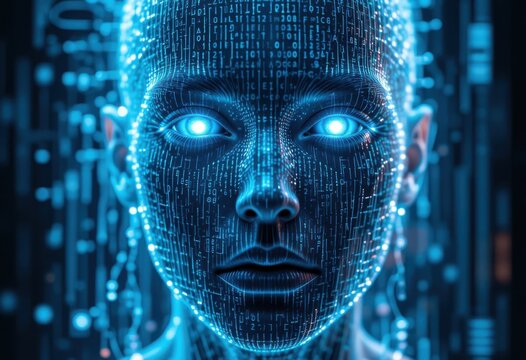 Rostro humano futurista con capas de c&oacute;digo transparente. Los efectos de fallos y la luz azul sugieren el surgimiento de una identidad cibern&eacute;tica