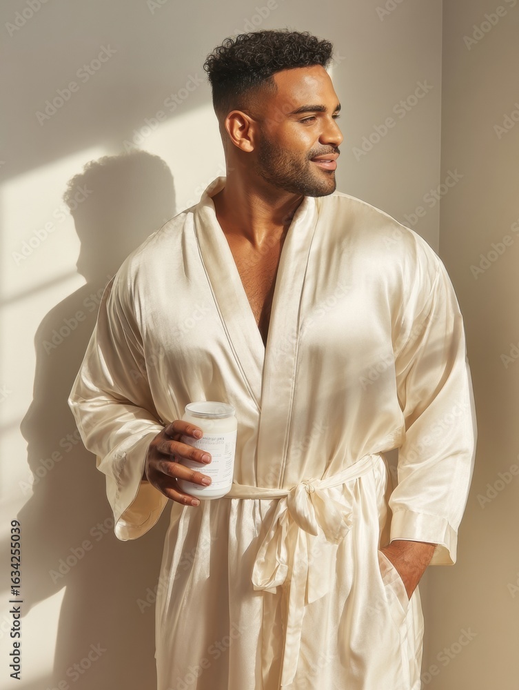 Poster man relaxing in a cream-colored robe while sipping a beverage in a sunlit indoor setting