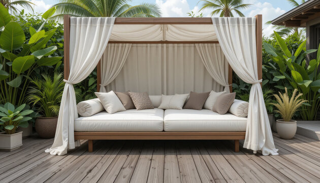 Serene outdoor cabana escape offering a tranquil retreat amidst lush tropical greenery and a relaxing seating area, perfect for luxury vacations and peaceful moments