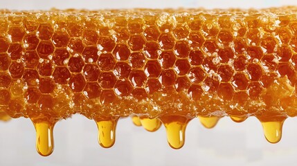 Golden honey drips slowly from a textured honeycomb, its rich details and natural patterns highlighted beautifully against a clean white background.
