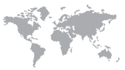 Gray silhouette of Global Map isolated on transparent background. Flat world map displayed on lined square grid. 3D illustration