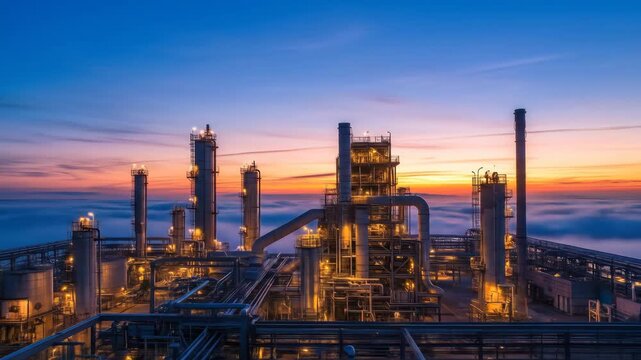 Industrial Refinery at Sunrise - A sprawling industrial refinery complex is bathed in the warm glow of a sunrise, with a layer of fog or clouds below.