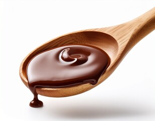 rich chocolate syrup flowing from a wooden spoon smooth texture ideal for desserts or toppings showcasing indulgence isolated on white background or