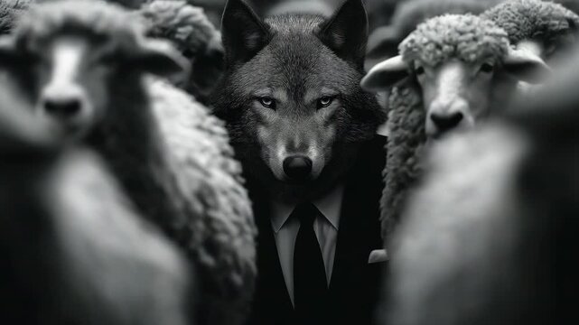 The concept of the corporate world with a wolf in a suit amid sheep