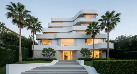Modern Luxury Villa with Palm Trees and Staircase  Contemporary Architecture Design for Elegant Living Spaces and Outdoor Relaxation