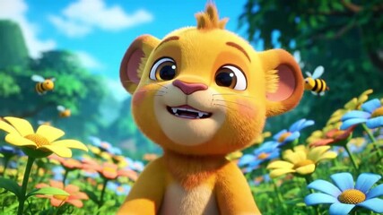 A lion cub roaring cartoonishly in a sunny meadow filled with colorful flowers and buzzing bees on a bright day.