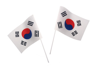 Small mini Republic of South Korea flag with real rough fabric details and pole stick for hand held isolated on transparent background or png file.