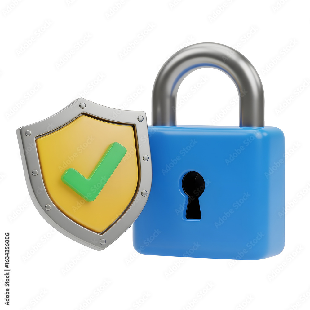 Poster secure your data with this 3d blue padlock and verified shield icon, symbolizing protection and trus