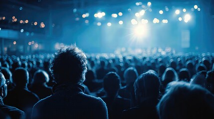 A large audience is seen from the back, seated under atmospheric blue lighting during a presentation event, creating a mood of anticipation and focus.
