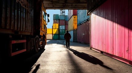 Person walks between shipping containers in a port area under bright sunlight.