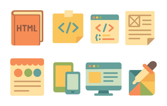 Colorful Dev Station Icons. Flat vector mini-illustrations Front-end developer station in colors children's