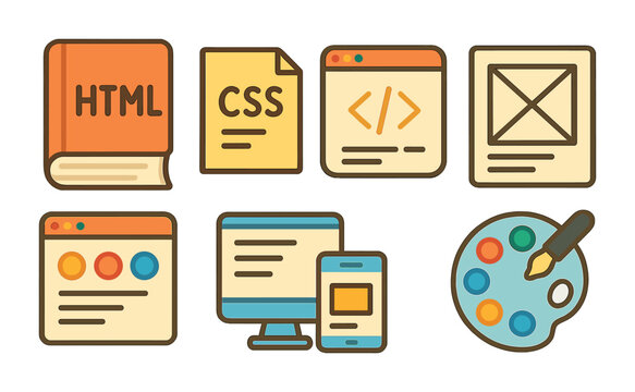 Colorful Dev Station Icons. Flat vector mini-illustrations Front-end developer station in colors children's