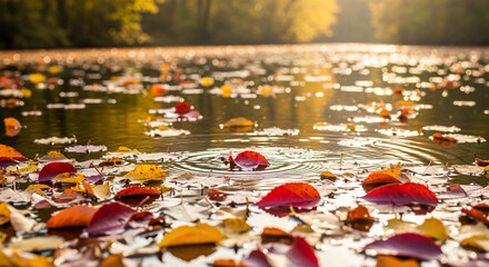 Close-Up of Fall Leaves Drifting on Quiet Water