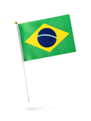 Small mini Brazil flag with real rough fabric details and pole stick for hand held isolated on transparent background or png file.