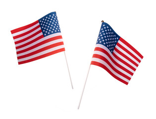 Small mini USA American flag with real rough fabric details and pole stick for hand held isolated on transparent background or png file.