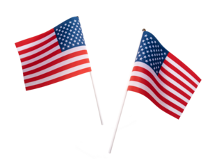 Small mini USA American flag with real rough fabric details and pole stick for hand held isolated on transparent background or png file.