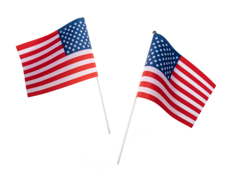 Small mini USA American flag with real rough fabric details and pole stick for hand held isolated on transparent background or png file.