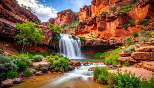 Spectacular waterfall cascading down majestic red rock canyon landscape scene